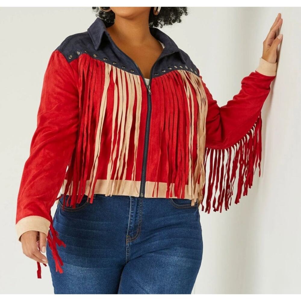 Star Spangled Cowboy-chic Fringed Vegan Suede Jacket | Women’s Size 10/L | NWT - Picture 3 of 4